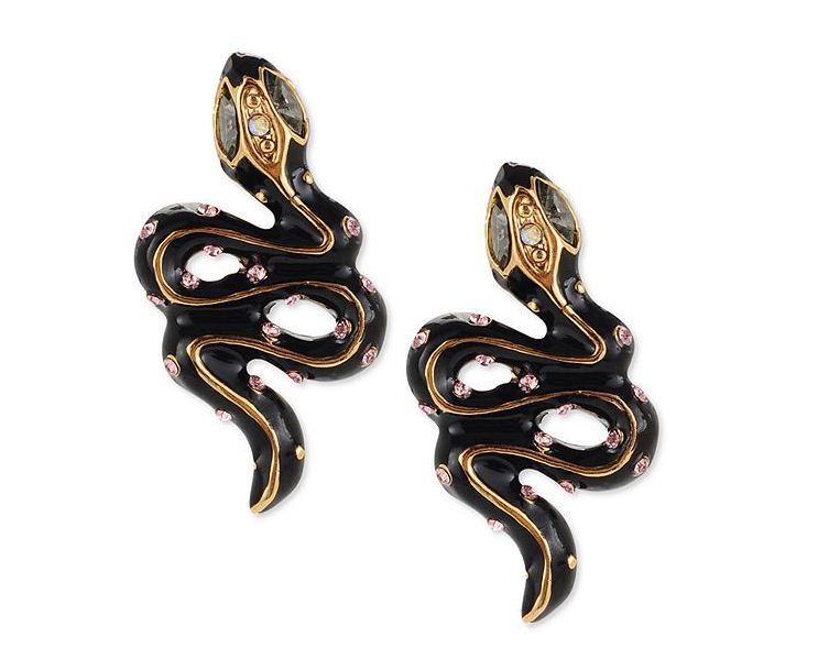 slithering your way. Betsey Johnson Earrings, Black Gold-Tone Glass Crystal Snake Stud Earrings. $30.00
