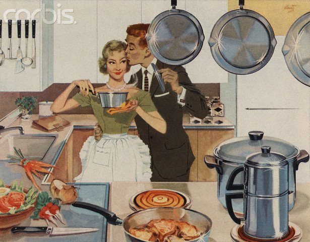 Magazine Illustration of Husband Kissing Wife in Kitchen