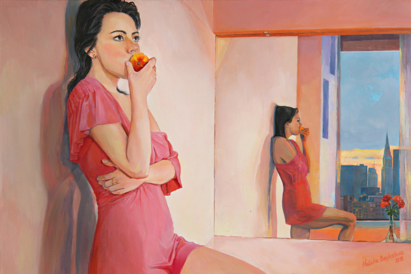 painting of woman eating peach