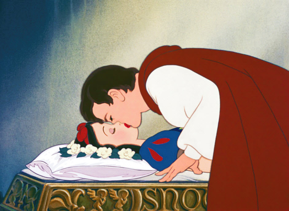 prince charming kissing a sleeping snow white in disney fairy tale