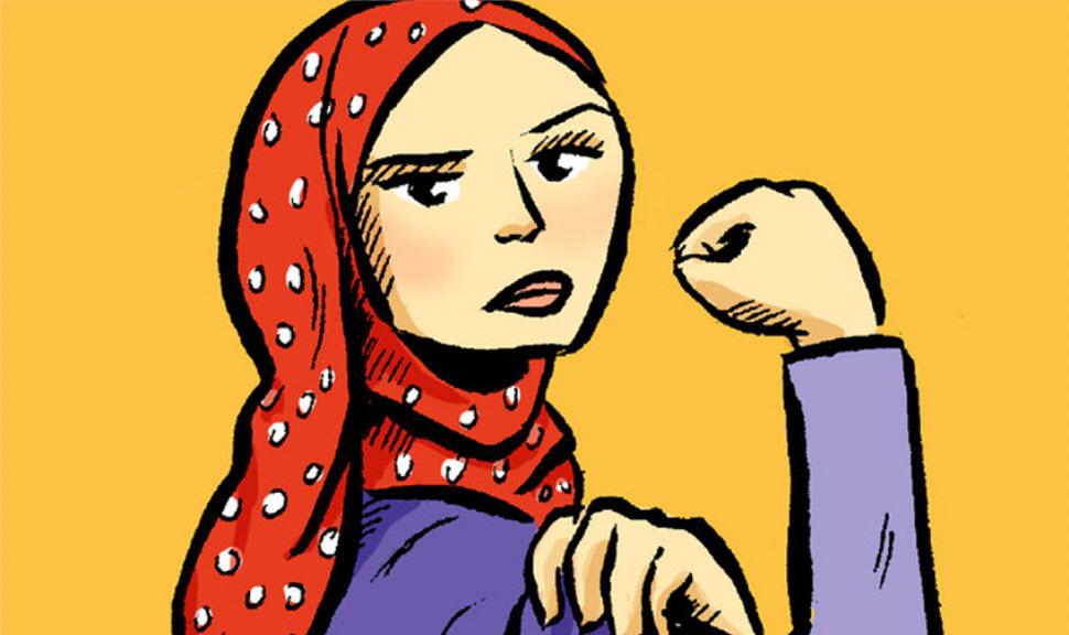 drawing of woman with hijab inspired by Rosie the Riveter