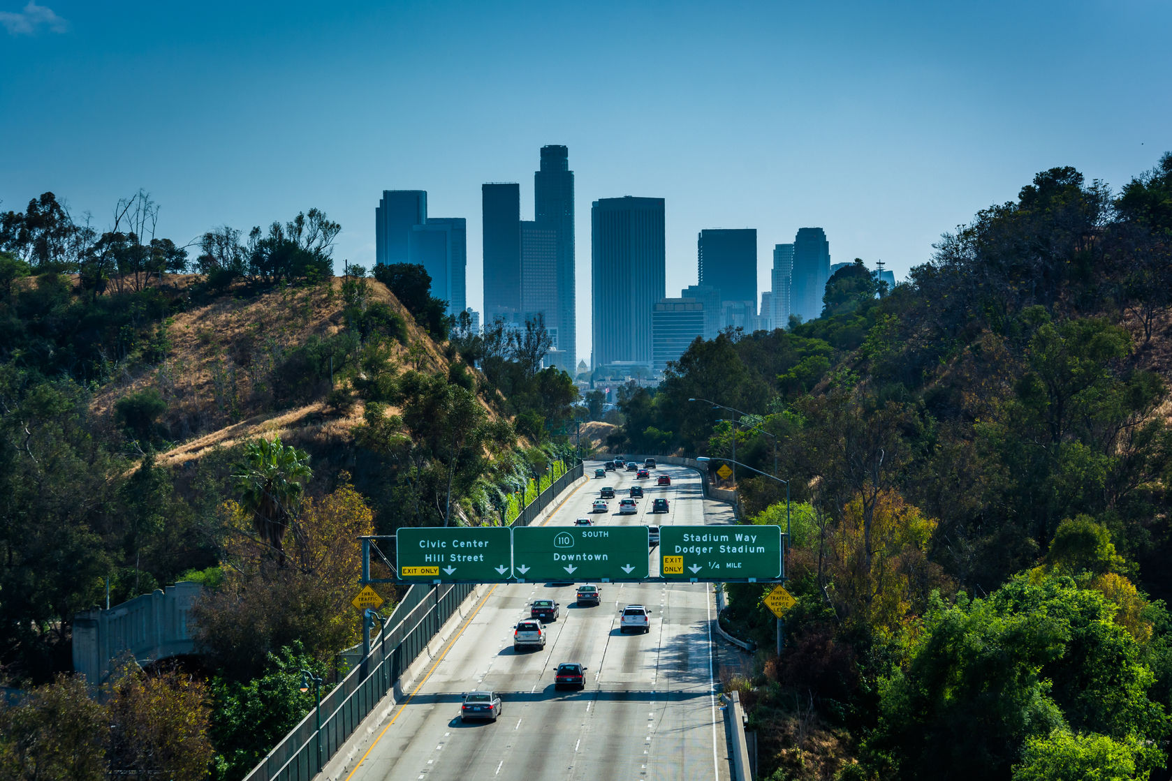 View of the 110 Freeway and Los Angeles Skyline from the Park Row Drive Bridge, in Los Angeles, California