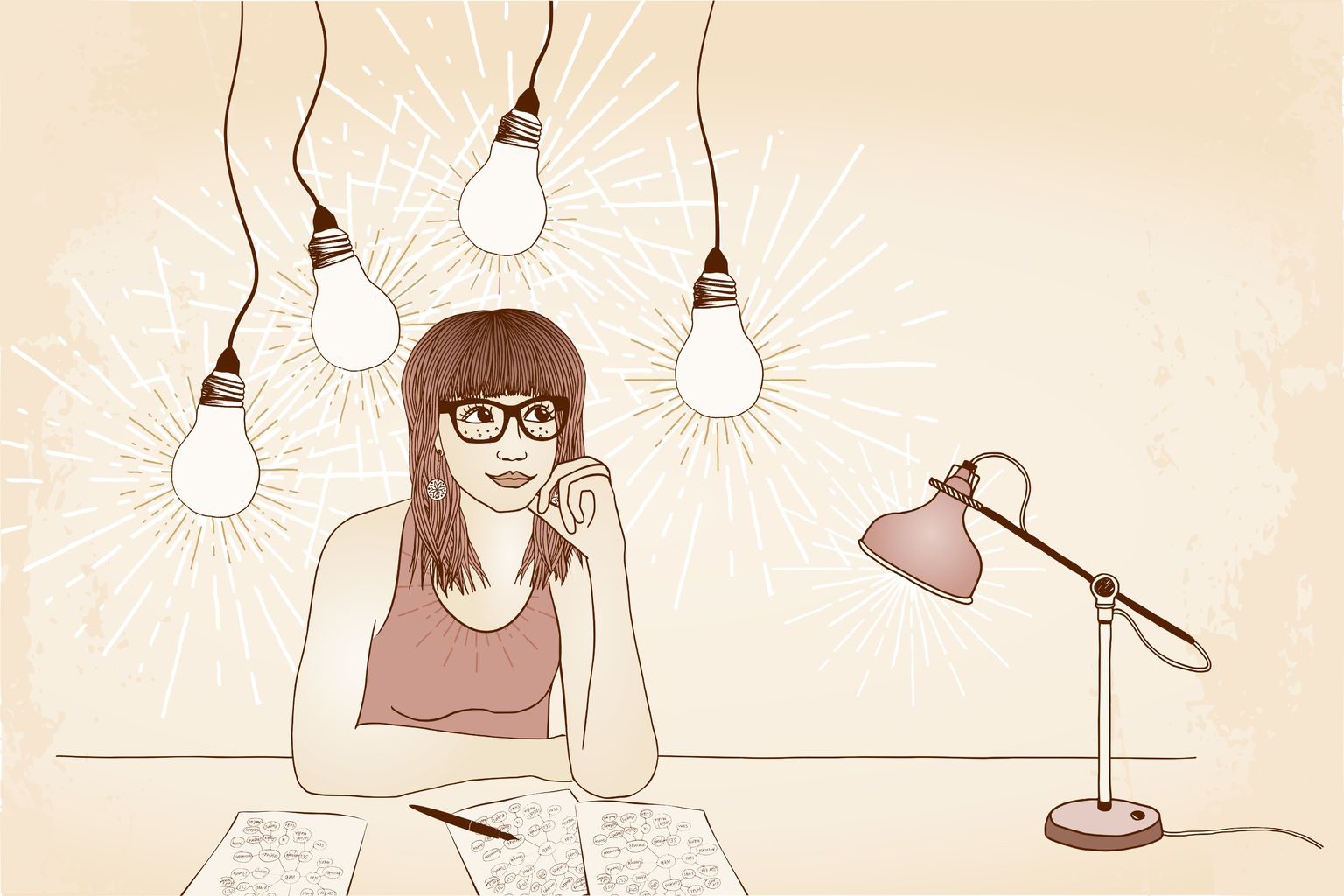 48042947 - hand drawn illustration of a young woman with glasses, thinking and imagining new and innovative ideas