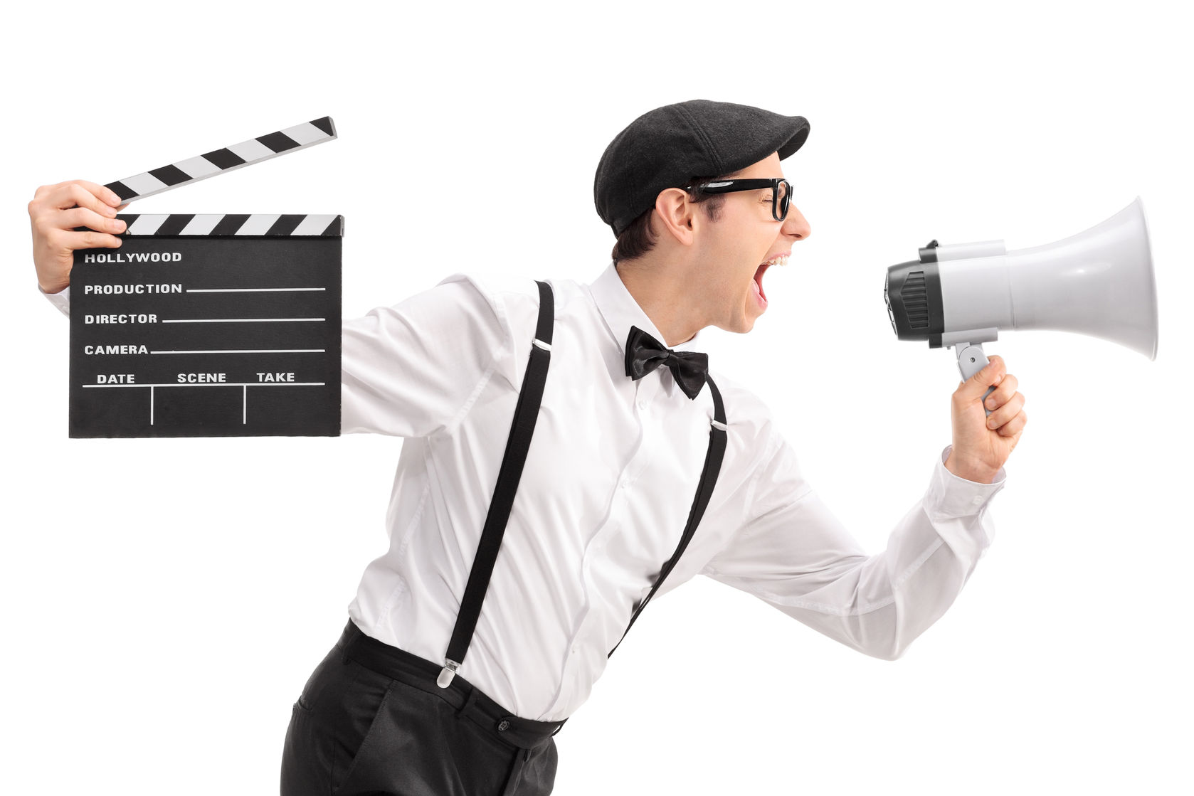 42870735 - young movie director holding a clapperboard and shouting on a megaphone isolated on white background