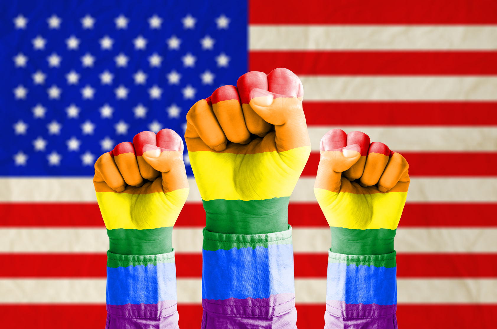 Flat lgbt white fist on lgbt rainbow flag vector image